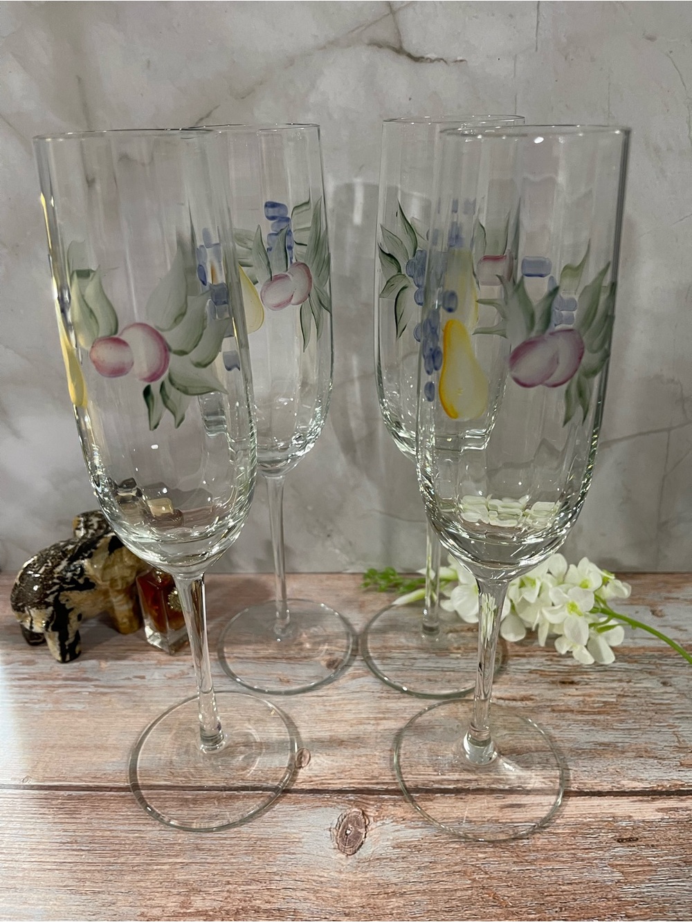 Vintage Romanian Clear Glass champagne flutes hand-painted Fruit and Floral